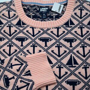 NWT Lands End Drifter Cotton Peach Anchor Crew Neck Man's Sweater Size XL